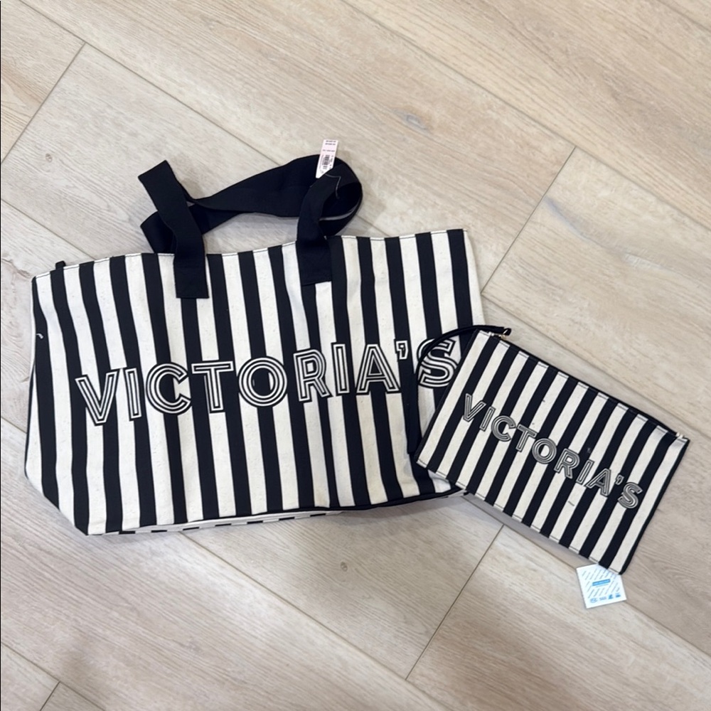 Victoria Secrets summer tote bag and makeup striped purse set